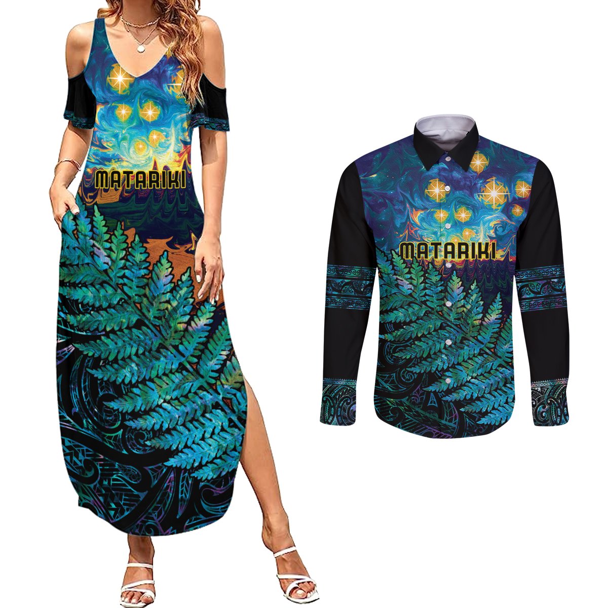 Matariki Te Tau Hou Maori Couples Matching Summer Maxi Dress and Long Sleeve Button Shirt New Zealand Silver Fern Night Starry Sky LT9 Black - Polynesian Pride
