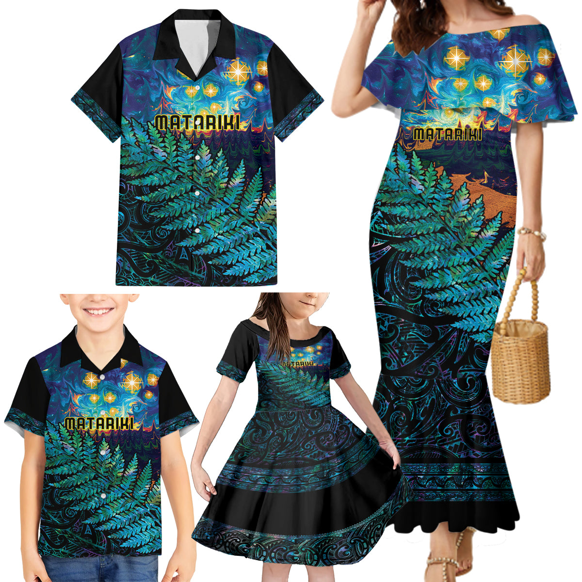 Matariki Te Tau Hou Maori Family Matching Mermaid Dress and Hawaiian Shirt New Zealand Silver Fern Night Starry Sky LT9 - Polynesian Pride