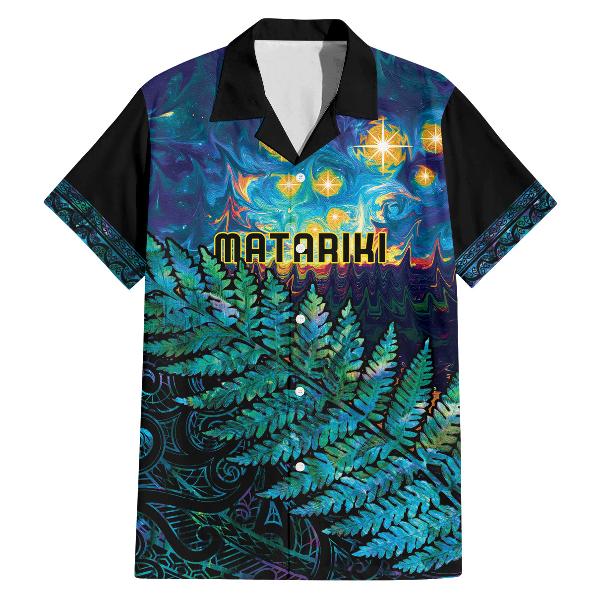 Matariki Te Tau Hou Maori Family Matching Mermaid Dress and Hawaiian Shirt New Zealand Silver Fern Night Starry Sky LT9 Dad's Shirt - Short Sleeve Black - Polynesian Pride