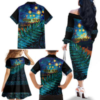 Matariki Te Tau Hou Maori Family Matching Off The Shoulder Long Sleeve Dress and Hawaiian Shirt New Zealand Silver Fern Night Starry Sky LT9 - Polynesian Pride