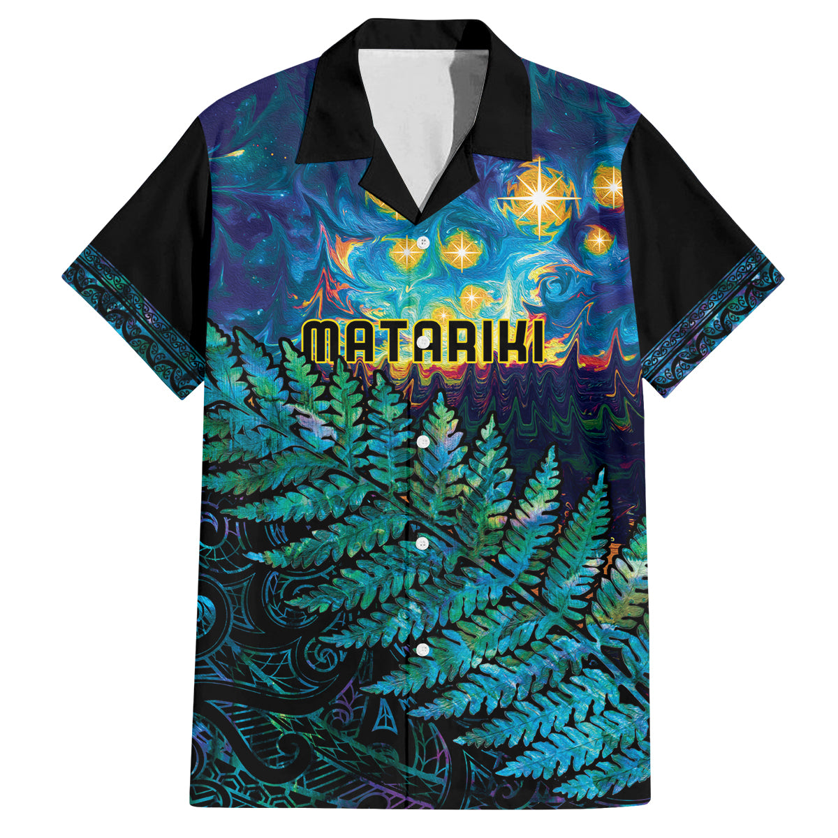 Matariki Te Tau Hou Maori Family Matching Off The Shoulder Long Sleeve Dress and Hawaiian Shirt New Zealand Silver Fern Night Starry Sky LT9 Dad's Shirt - Short Sleeve Black - Polynesian Pride