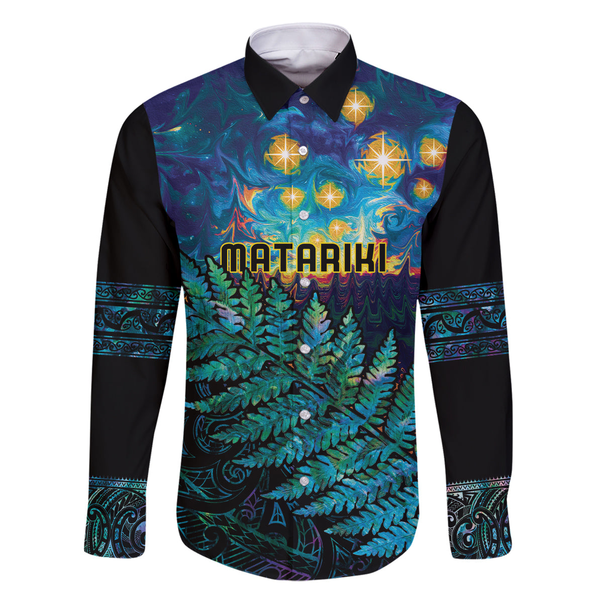 Matariki Te Tau Hou Maori Family Matching Off The Shoulder Long Sleeve Dress and Hawaiian Shirt New Zealand Silver Fern Night Starry Sky LT9 Dad's Shirt - Long Sleeve Black - Polynesian Pride