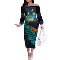 Matariki Te Tau Hou Maori Family Matching Off The Shoulder Long Sleeve Dress and Hawaiian Shirt New Zealand Silver Fern Night Starry Sky LT9 Mom's Dress Black - Polynesian Pride