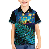 Matariki Te Tau Hou Maori Family Matching Off The Shoulder Long Sleeve Dress and Hawaiian Shirt New Zealand Silver Fern Night Starry Sky LT9 Son's Shirt Black - Polynesian Pride