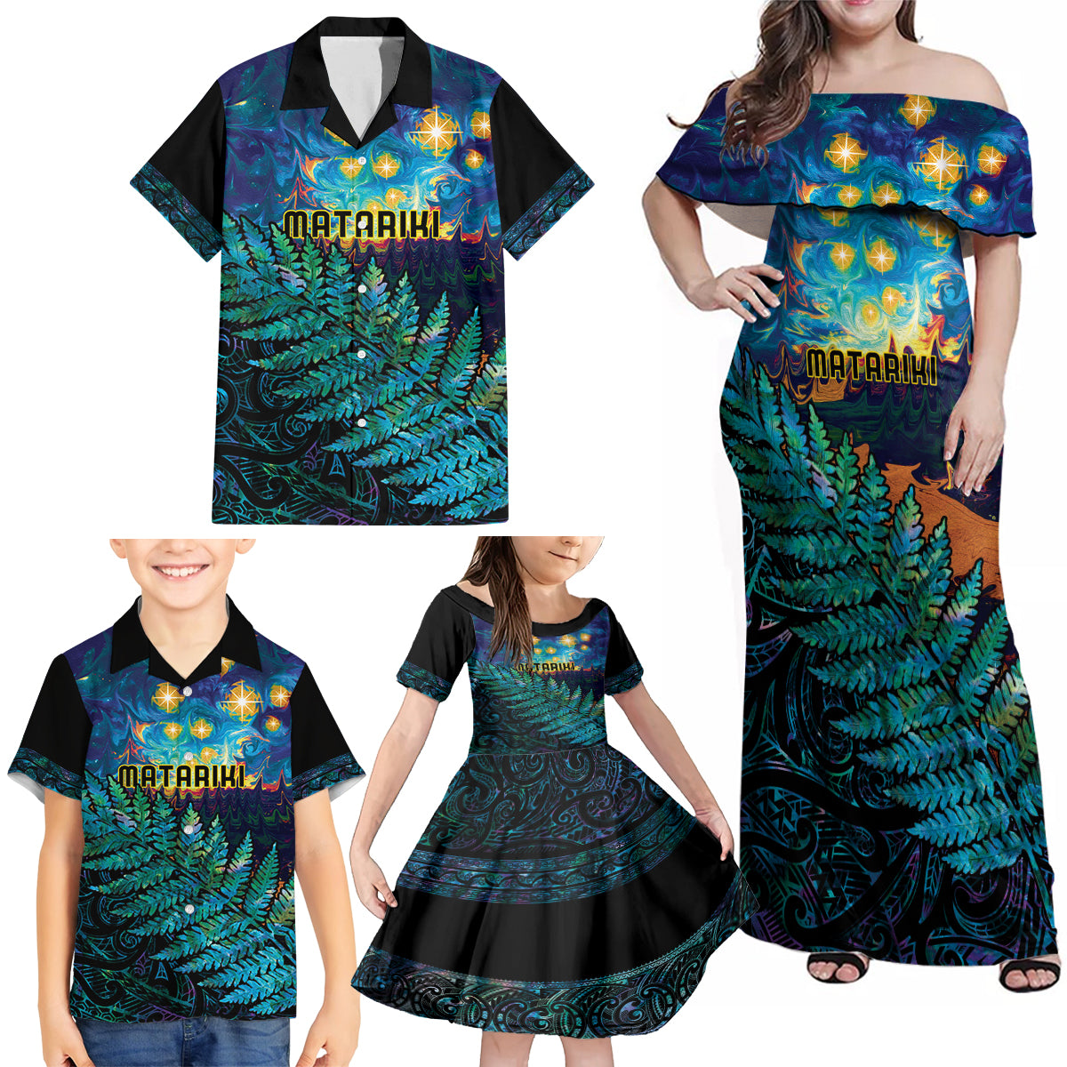Matariki Te Tau Hou Maori Family Matching Off Shoulder Maxi Dress and Hawaiian Shirt New Zealand Silver Fern Night Starry Sky LT9 - Polynesian Pride