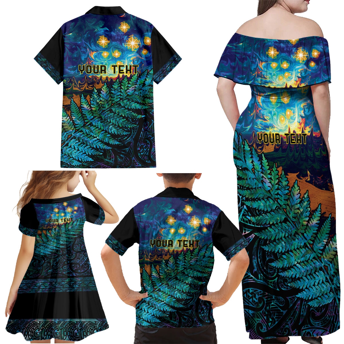Matariki Te Tau Hou Maori Family Matching Off Shoulder Maxi Dress and Hawaiian Shirt New Zealand Silver Fern Night Starry Sky LT9 - Polynesian Pride
