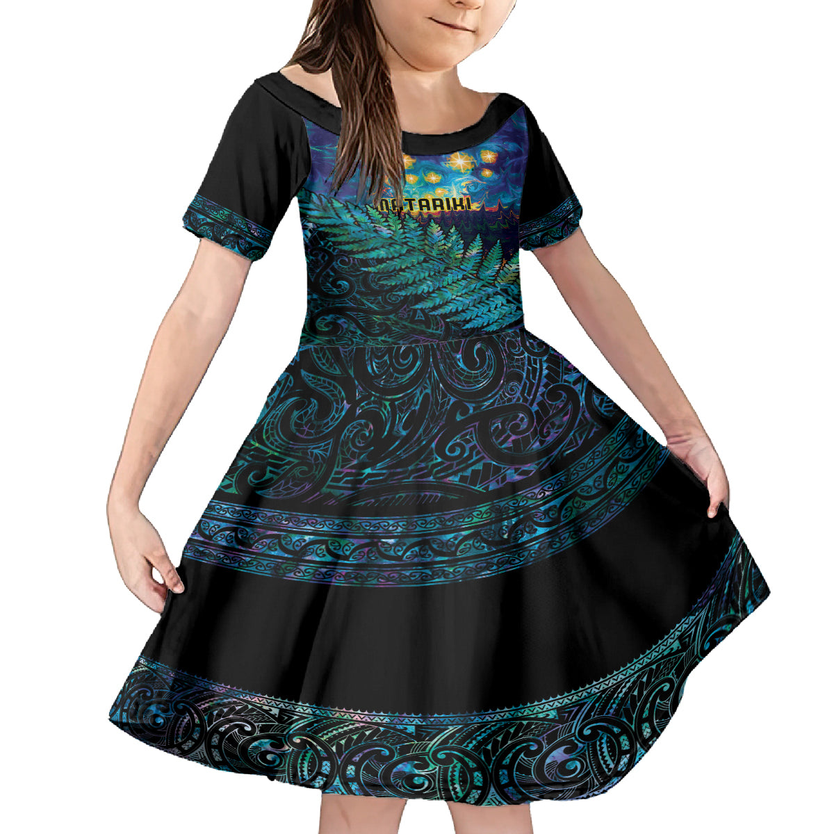 Matariki Te Tau Hou Maori Family Matching Off Shoulder Short Dress and Hawaiian Shirt New Zealand Silver Fern Night Starry Sky LT9 Daughter's Dress Black - Polynesian Pride