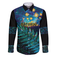 Matariki Te Tau Hou Maori Family Matching Off Shoulder Short Dress and Hawaiian Shirt New Zealand Silver Fern Night Starry Sky LT9 Dad's Shirt - Long Sleeve Black - Polynesian Pride