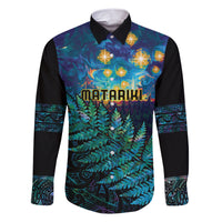Matariki Te Tau Hou Maori Family Matching Short Sleeve Bodycon Dress and Hawaiian Shirt New Zealand Silver Fern Night Starry Sky LT9 Dad's Shirt - Long Sleeve Black - Polynesian Pride