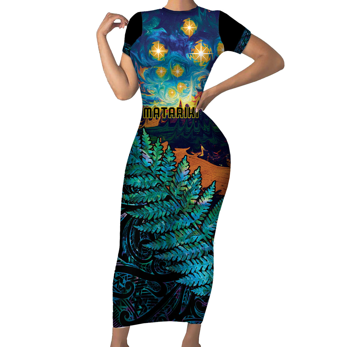 Matariki Te Tau Hou Maori Family Matching Short Sleeve Bodycon Dress and Hawaiian Shirt New Zealand Silver Fern Night Starry Sky LT9 Mom's Dress Black - Polynesian Pride