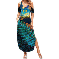 Matariki Te Tau Hou Maori Family Matching Summer Maxi Dress and Hawaiian Shirt New Zealand Silver Fern Night Starry Sky LT9 Mom's Dress Black - Polynesian Pride