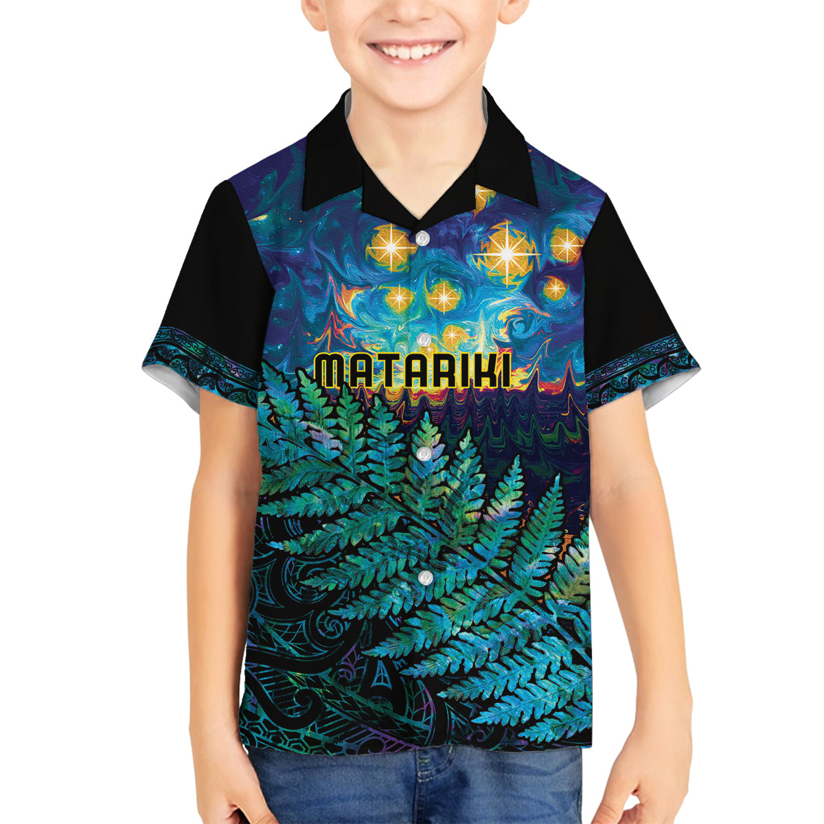 Matariki Te Tau Hou Maori Family Matching Tank Maxi Dress and Hawaiian Shirt New Zealand Silver Fern Night Starry Sky LT9 Son's Shirt Black - Polynesian Pride