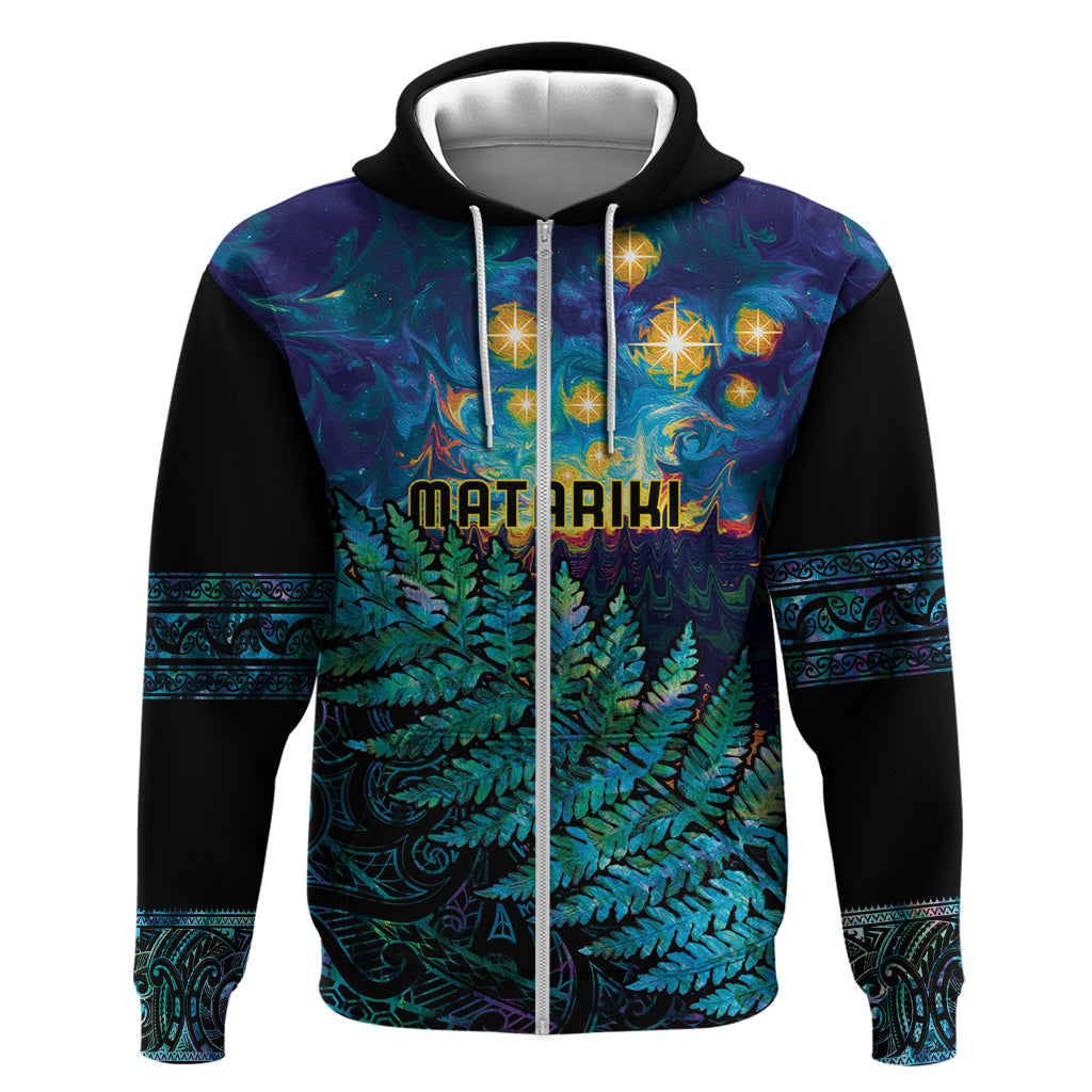 Matariki Te Tau Hou Maori Hoodie New Zealand Silver Fern Night Starry Sky LT9 Zip Hoodie Black - Polynesian Pride