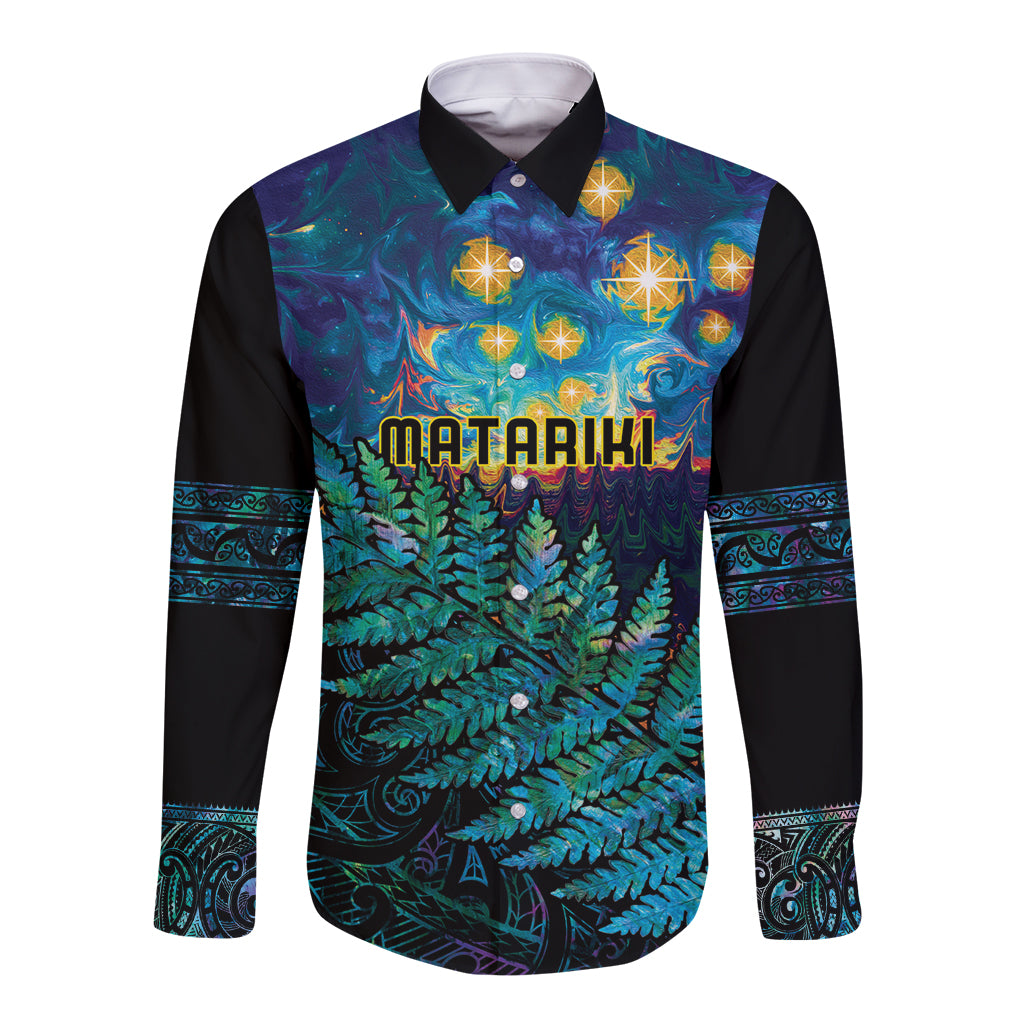 Matariki Te Tau Hou Maori Long Sleeve Button Shirt New Zealand Silver Fern Night Starry Sky LT9 Unisex Black - Polynesian Pride