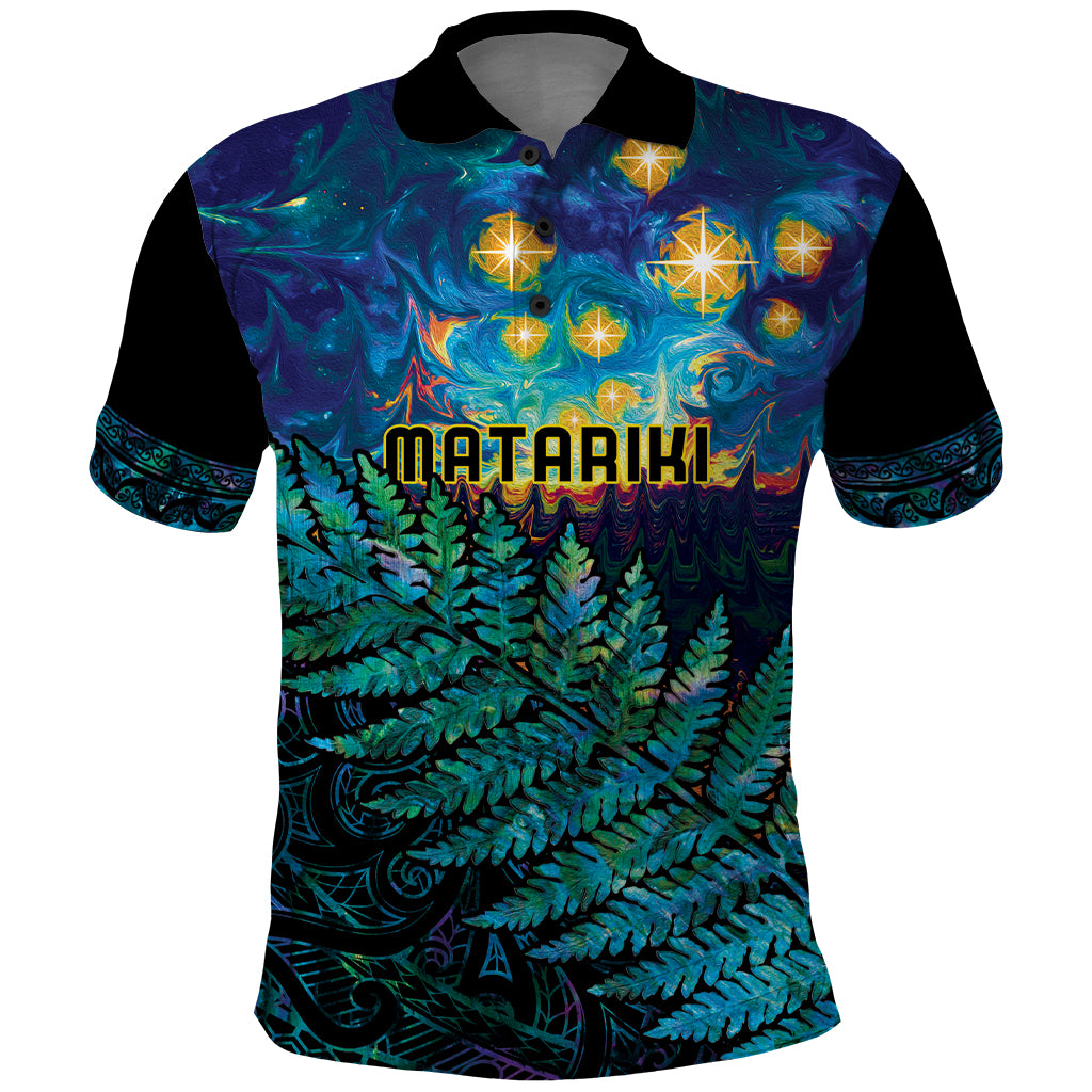 Matariki Te Tau Hou Maori Polo Shirt New Zealand Silver Fern Night Starry Sky LT9 Black - Polynesian Pride