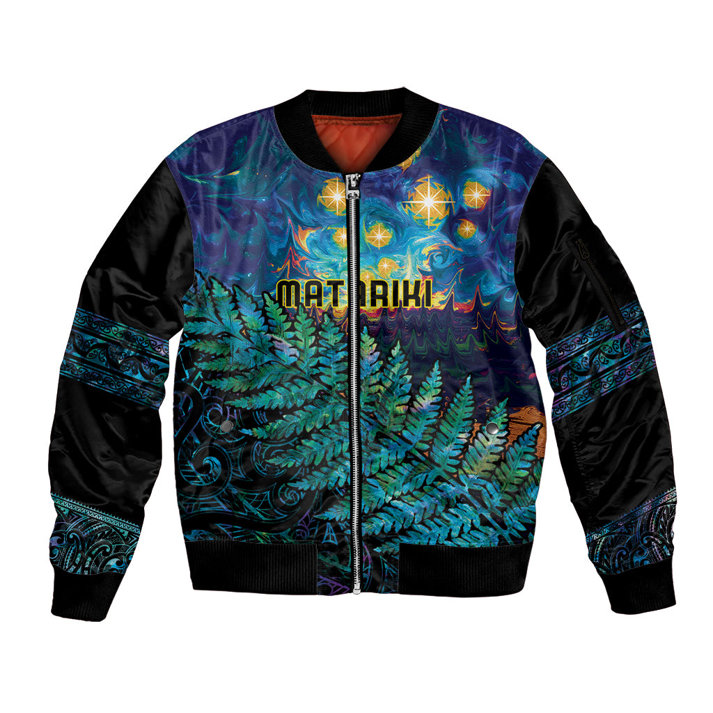 Matariki Te Tau Hou Maori Sleeve Zip Bomber Jacket New Zealand Silver Fern Night Starry Sky LT9 Unisex Black - Polynesian Pride