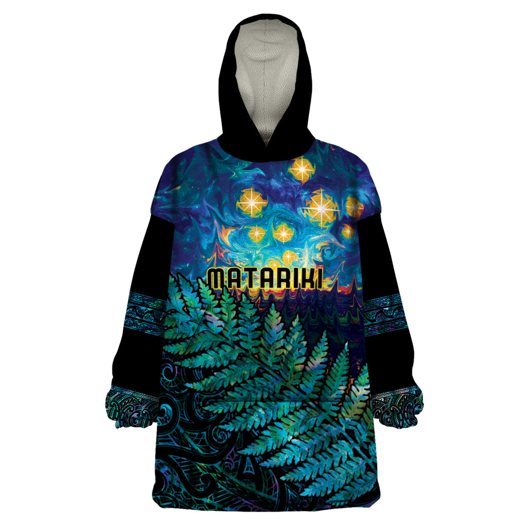 Matariki Te Tau Hou Maori Wearable Blanket Hoodie New Zealand Silver Fern Night Starry Sky LT9 One Size Black - Polynesian Pride