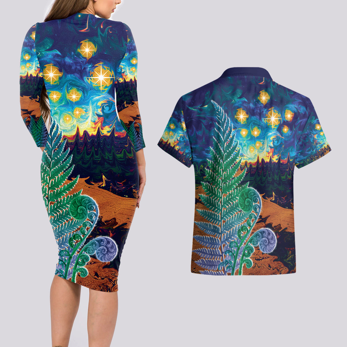 Personalised New Zealand Matariki Art Star Couples Matching Long Sleeve Bodycon Dress and Hawaiian Shirt Koru Fern Night Starry Sky LT9 - Polynesian Pride