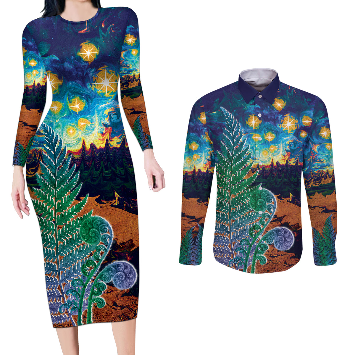Personalised New Zealand Matariki Art Star Couples Matching Long Sleeve Bodycon Dress and Long Sleeve Button Shirt Koru Fern Night Starry Sky LT9 Black - Polynesian Pride
