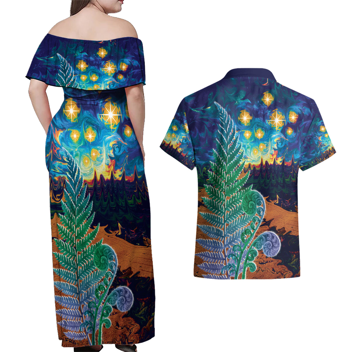 Personalised New Zealand Matariki Art Star Couples Matching Off Shoulder Maxi Dress and Hawaiian Shirt Koru Fern Night Starry Sky LT9 - Polynesian Pride
