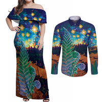 Personalised New Zealand Matariki Art Star Couples Matching Off Shoulder Maxi Dress and Long Sleeve Button Shirt Koru Fern Night Starry Sky LT9 Black - Polynesian Pride