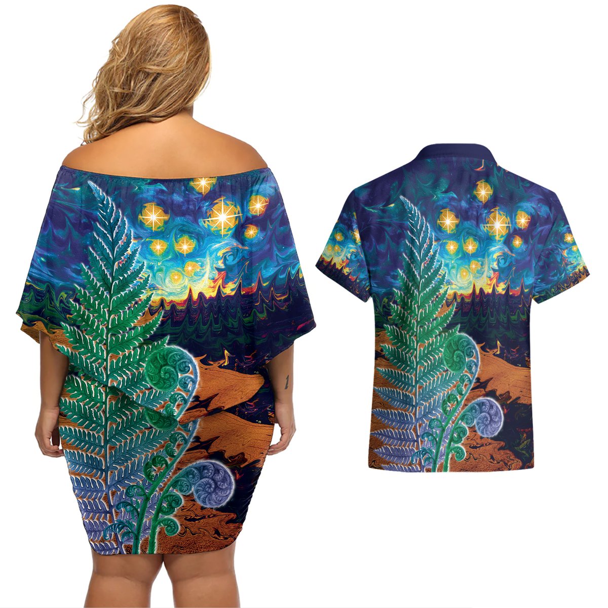 Personalised New Zealand Matariki Art Star Couples Matching Off Shoulder Short Dress and Hawaiian Shirt Koru Fern Night Starry Sky LT9 - Polynesian Pride