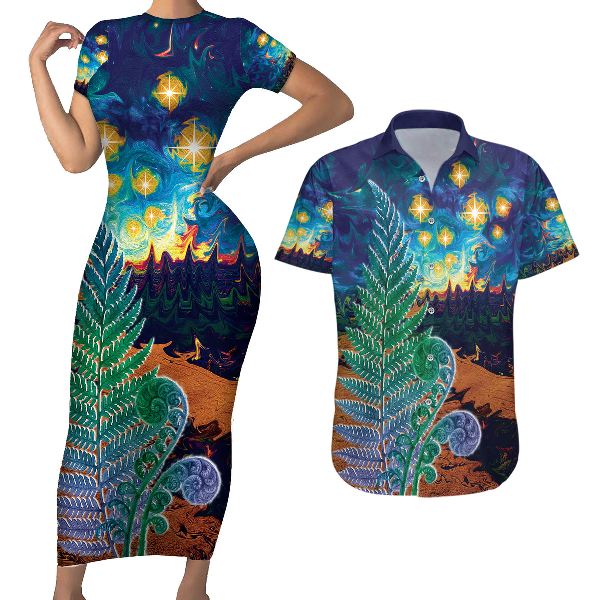 Personalised New Zealand Matariki Art Star Couples Matching Short Sleeve Bodycon Dress and Hawaiian Shirt Koru Fern Night Starry Sky LT9 Black - Polynesian Pride