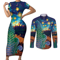 Personalised New Zealand Matariki Art Star Couples Matching Short Sleeve Bodycon Dress and Long Sleeve Button Shirt Koru Fern Night Starry Sky LT9 Black - Polynesian Pride