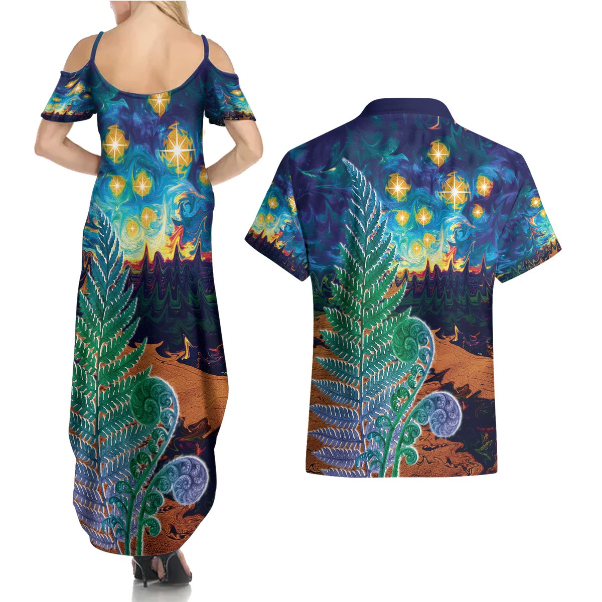 Personalised New Zealand Matariki Art Star Couples Matching Summer Maxi Dress and Hawaiian Shirt Koru Fern Night Starry Sky LT9 - Polynesian Pride