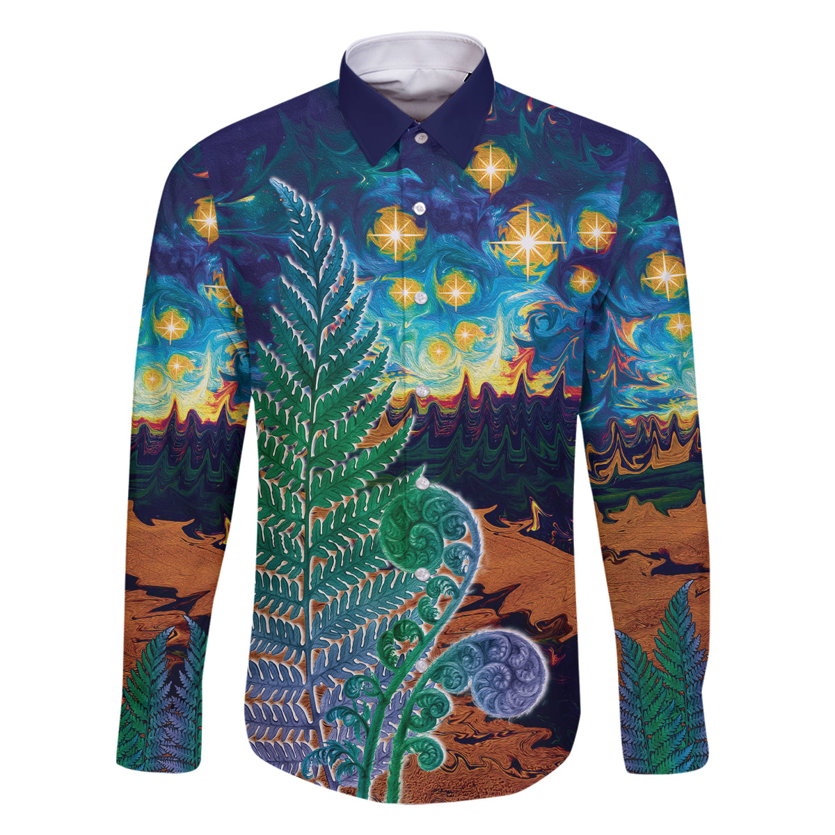 Personalised New Zealand Matariki Art Star Family Matching Long Sleeve Bodycon Dress and Hawaiian Shirt Koru Fern Night Starry Sky LT9 Dad's Shirt - Long Sleeve Black - Polynesian Pride
