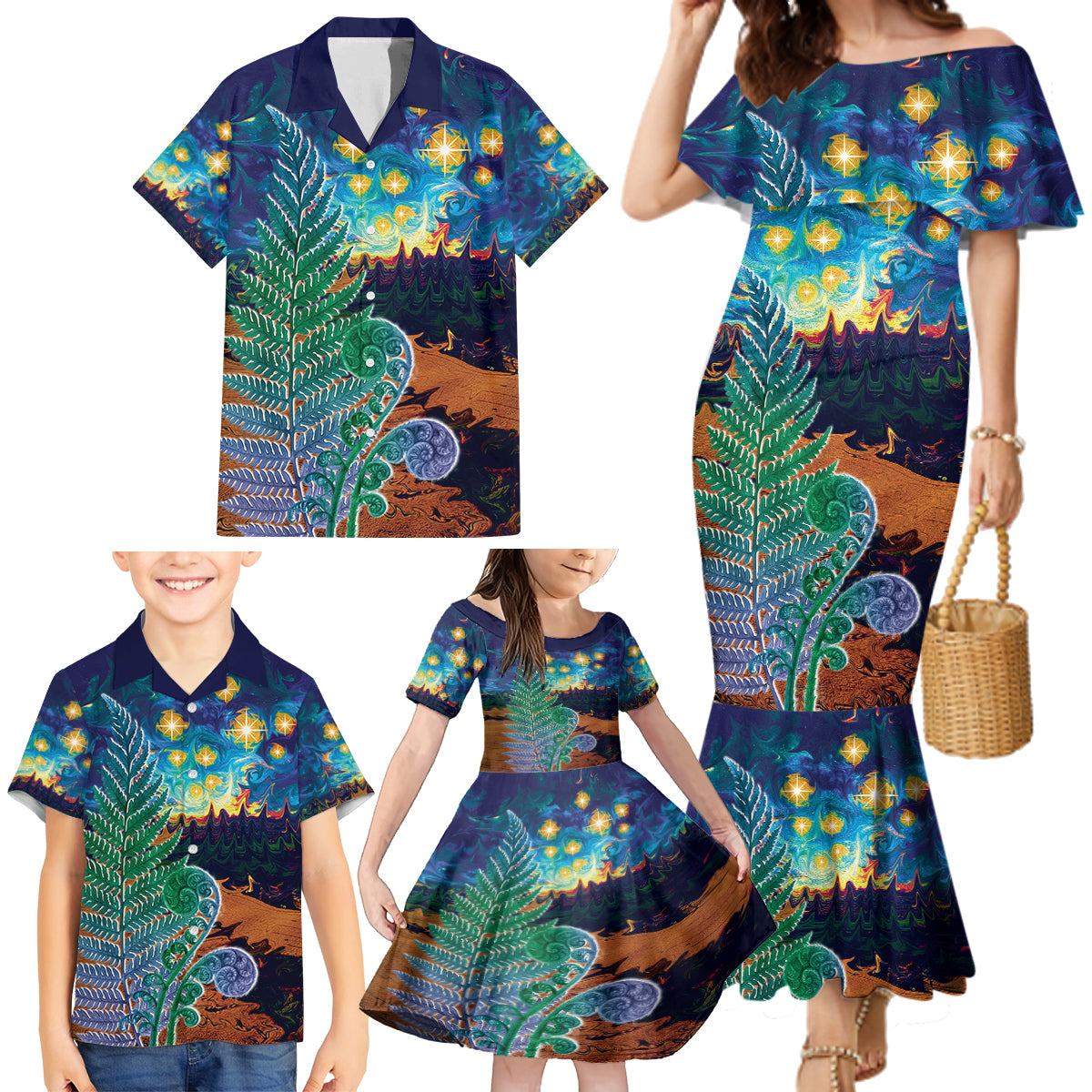 Personalised New Zealand Matariki Art Star Family Matching Mermaid Dress and Hawaiian Shirt Koru Fern Night Starry Sky LT9 - Polynesian Pride