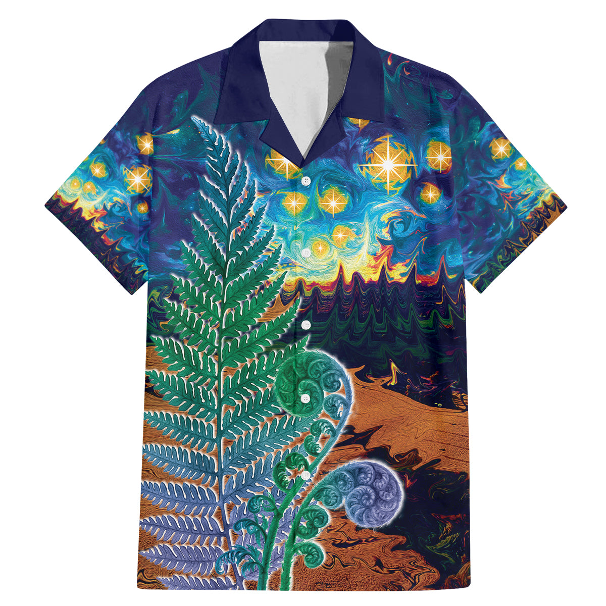 Personalised New Zealand Matariki Art Star Family Matching Mermaid Dress and Hawaiian Shirt Koru Fern Night Starry Sky LT9 Dad's Shirt - Short Sleeve Black - Polynesian Pride