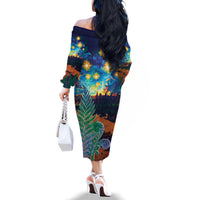 Personalised New Zealand Matariki Art Star Family Matching Off The Shoulder Long Sleeve Dress and Hawaiian Shirt Koru Fern Night Starry Sky LT9 - Polynesian Pride