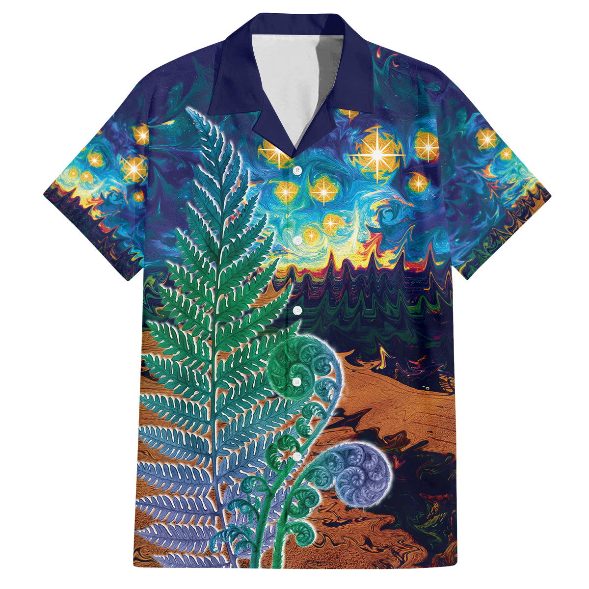 Personalised New Zealand Matariki Art Star Family Matching Off Shoulder Maxi Dress and Hawaiian Shirt Koru Fern Night Starry Sky LT9 Dad's Shirt - Short Sleeve Black - Polynesian Pride