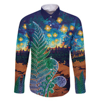Personalised New Zealand Matariki Art Star Family Matching Off Shoulder Maxi Dress and Hawaiian Shirt Koru Fern Night Starry Sky LT9 Dad's Shirt - Long Sleeve Black - Polynesian Pride
