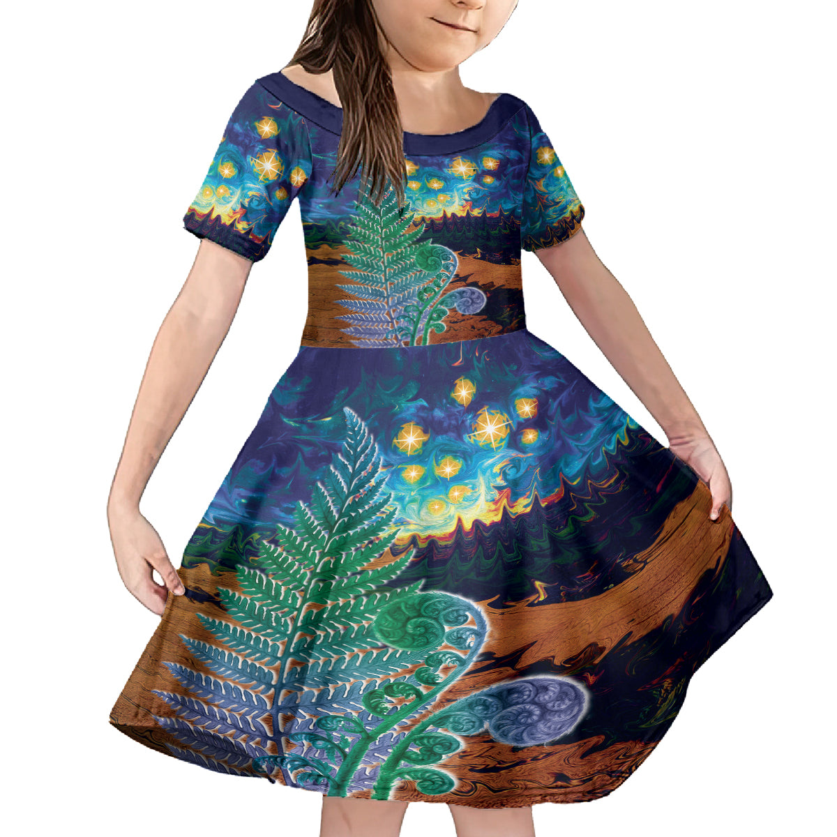 Personalised New Zealand Matariki Art Star Family Matching Off Shoulder Short Dress and Hawaiian Shirt Koru Fern Night Starry Sky LT9 Daughter's Dress Black - Polynesian Pride