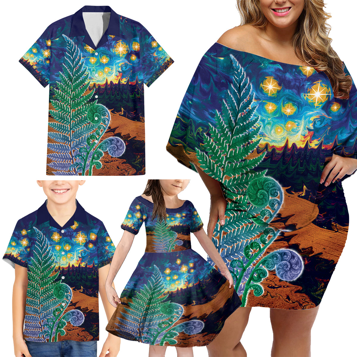 Personalised New Zealand Matariki Art Star Family Matching Off Shoulder Short Dress and Hawaiian Shirt Koru Fern Night Starry Sky LT9 - Polynesian Pride
