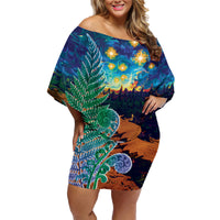 Personalised New Zealand Matariki Art Star Family Matching Off Shoulder Short Dress and Hawaiian Shirt Koru Fern Night Starry Sky LT9 Mom's Dress Black - Polynesian Pride