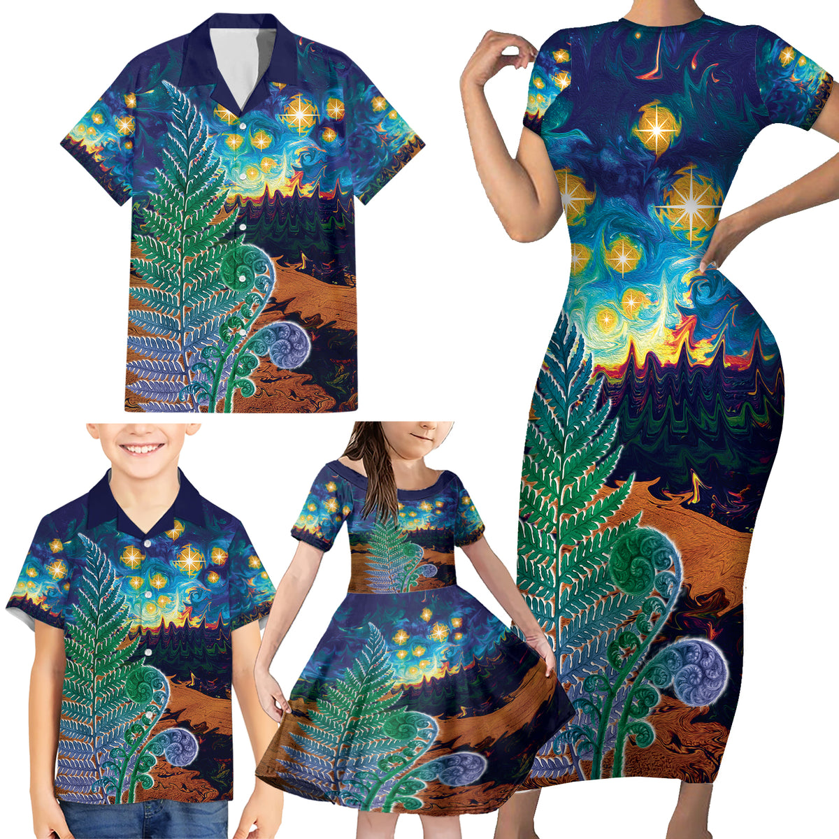 Personalised New Zealand Matariki Art Star Family Matching Short Sleeve Bodycon Dress and Hawaiian Shirt Koru Fern Night Starry Sky LT9 - Polynesian Pride
