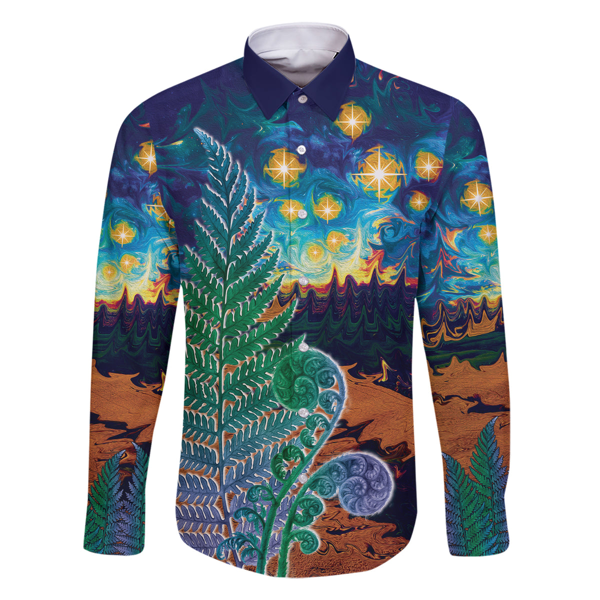 Personalised New Zealand Matariki Art Star Family Matching Short Sleeve Bodycon Dress and Hawaiian Shirt Koru Fern Night Starry Sky LT9 Dad's Shirt - Long Sleeve Black - Polynesian Pride