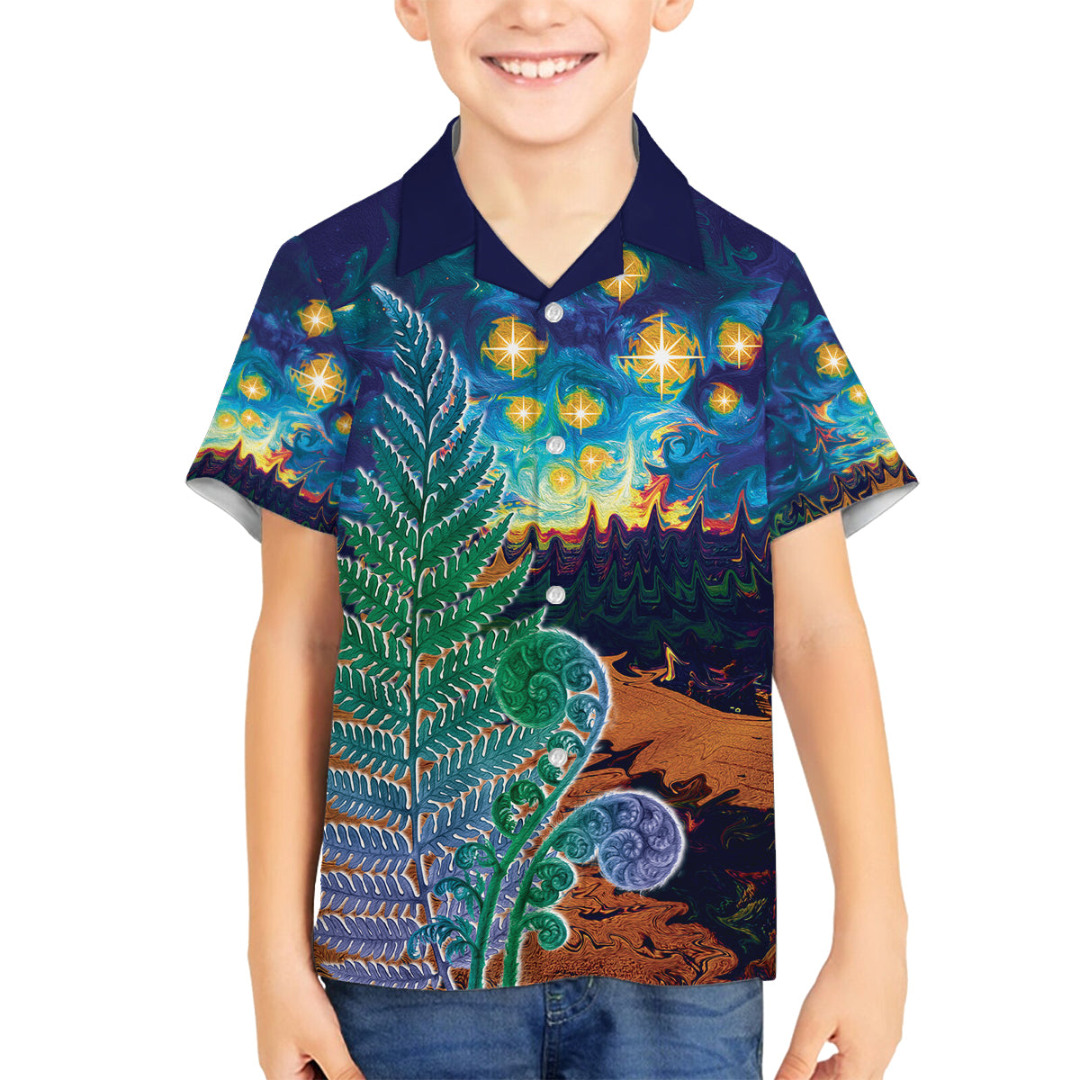 Personalised New Zealand Matariki Art Star Family Matching Summer Maxi Dress and Hawaiian Shirt Koru Fern Night Starry Sky LT9 Son's Shirt Black - Polynesian Pride