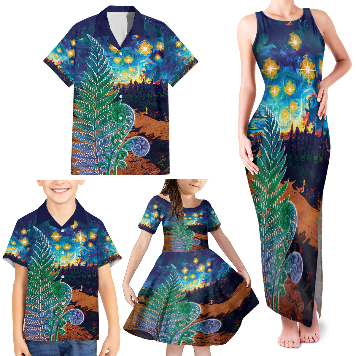 Personalised New Zealand Matariki Art Star Family Matching Tank Maxi Dress and Hawaiian Shirt Koru Fern Night Starry Sky LT9 - Polynesian Pride