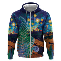 Personalised New Zealand Matariki Art Star Hoodie Koru Fern Night Starry Sky LT9 Zip Hoodie Black - Polynesian Pride