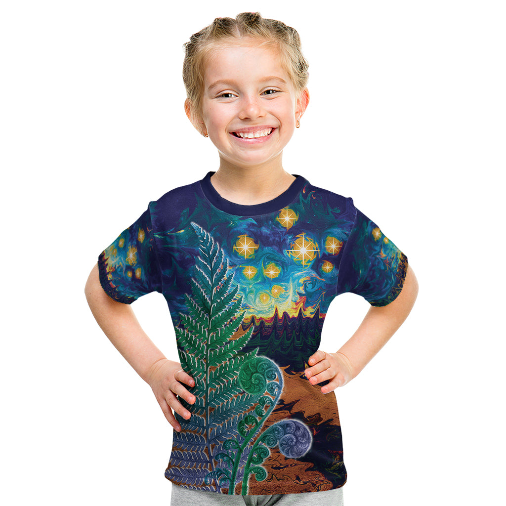 Personalised New Zealand Matariki Art Star Kid T Shirt Koru Fern Night Starry Sky LT9 Black - Polynesian Pride