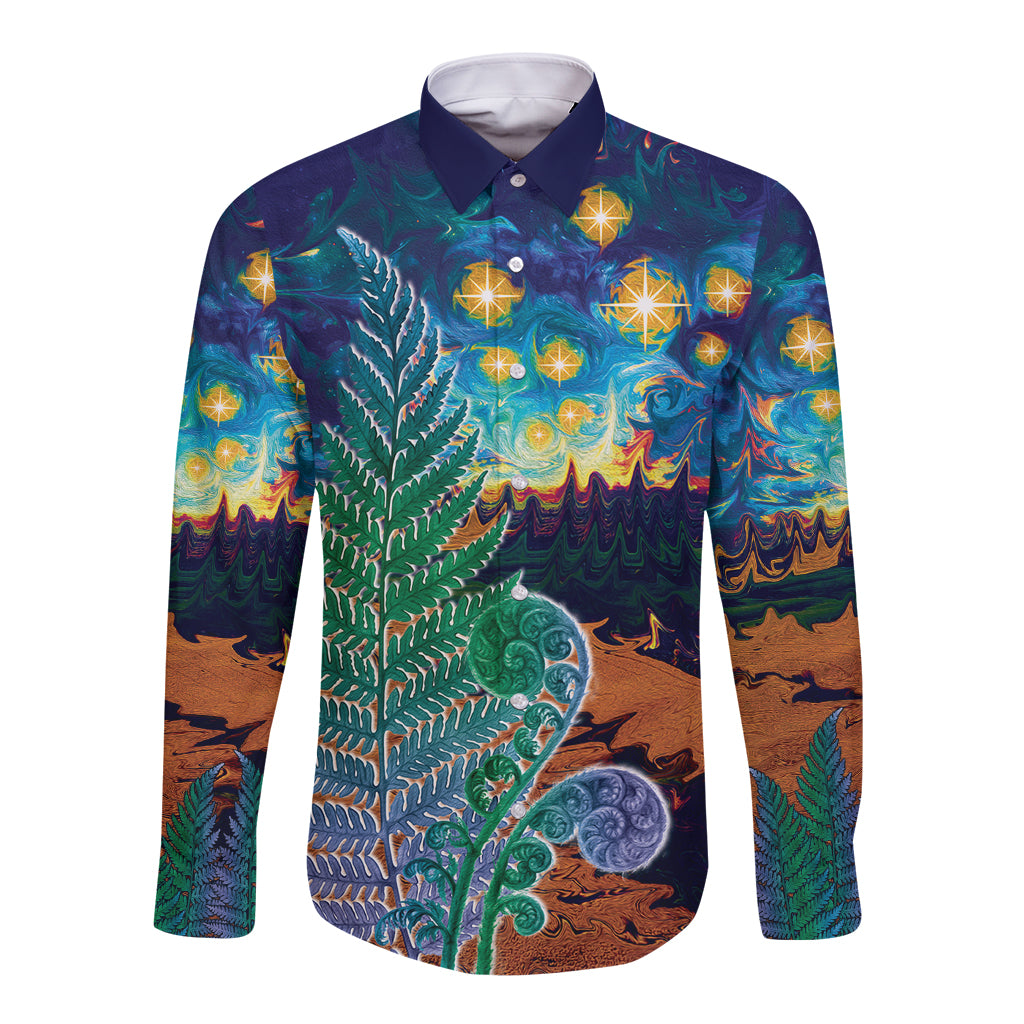 Personalised New Zealand Matariki Art Star Long Sleeve Button Shirt Koru Fern Night Starry Sky LT9 Unisex Black - Polynesian Pride