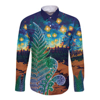 Personalised New Zealand Matariki Art Star Long Sleeve Button Shirt Koru Fern Night Starry Sky LT9 Unisex Black - Polynesian Pride