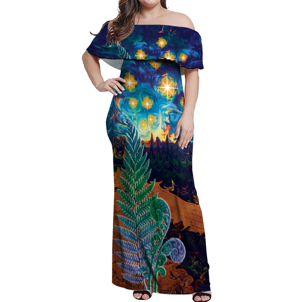 Personalised New Zealand Matariki Art Star Off Shoulder Maxi Dress Koru Fern Night Starry Sky LT9 Women Black - Polynesian Pride