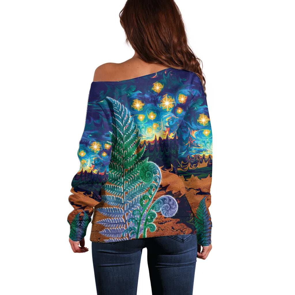Personalised New Zealand Matariki Art Star Off Shoulder Sweater Koru Fern Night Starry Sky LT9 - Polynesian Pride