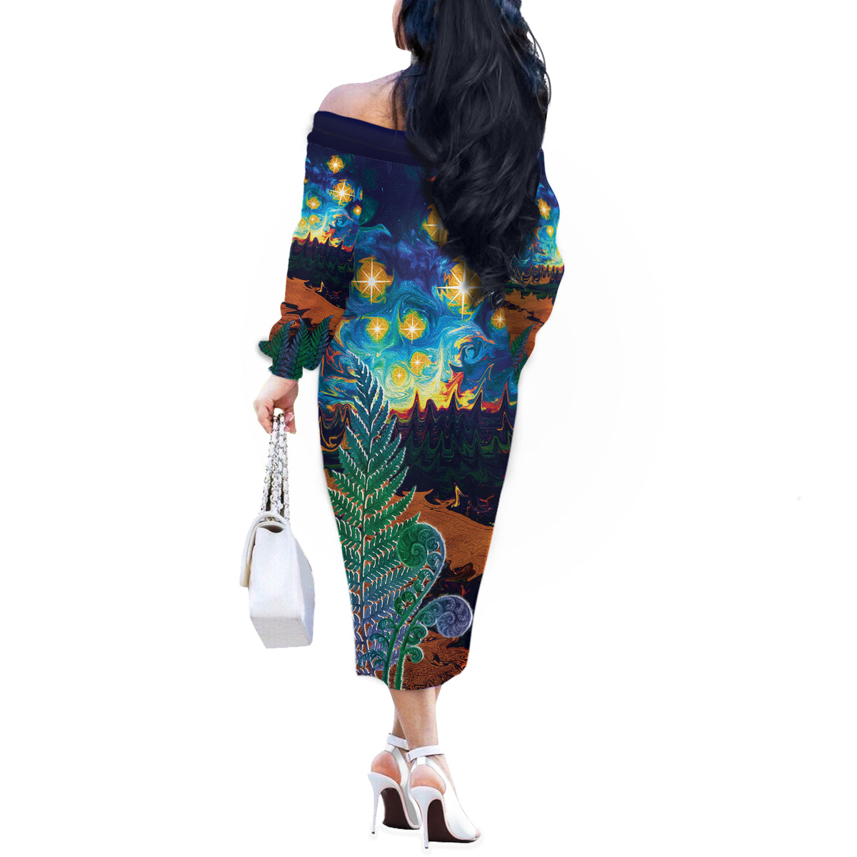Personalised New Zealand Matariki Art Star Off The Shoulder Long Sleeve Dress Koru Fern Night Starry Sky LT9 - Polynesian Pride