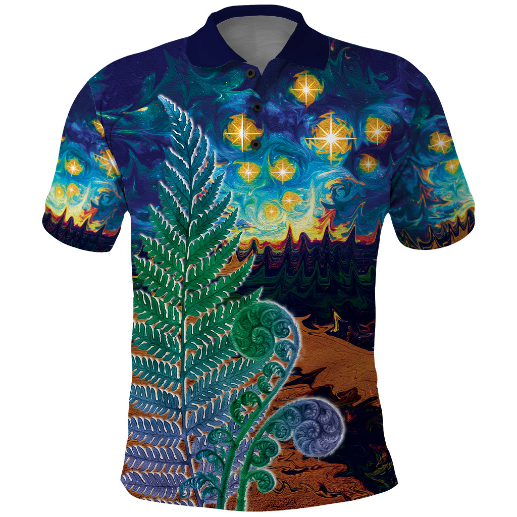 Personalised New Zealand Matariki Art Star Polo Shirt Koru Fern Night Starry Sky LT9 Black - Polynesian Pride